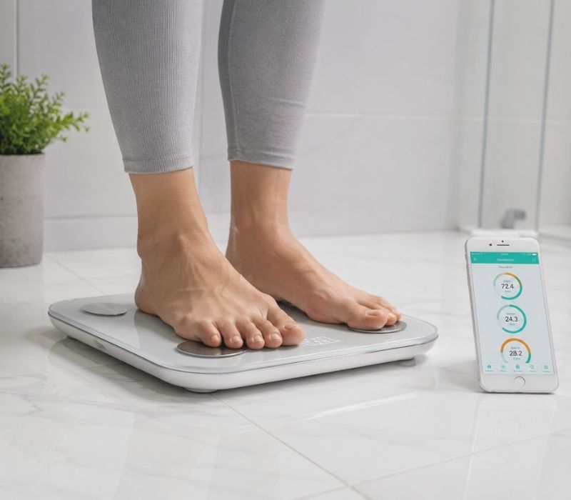 Barefoot person standing on a silver smart body composition scale in a bright modern bathroom. A white smartphone placed nearby displays a fitness app with teal circular charts showing health metrics such as BMI, body fat percentage, and muscle mass. The scene features clean white tiles, soft natural lighting, and a minimalist wellness-focused design.
