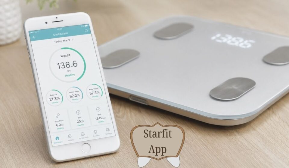 A person stands barefoot on a sleek silver smart weighing scale in a bright, modern bathroom with white tiled floors. Nearby, a white smartphone displays a fitness tracking app featuring colorful teal circular charts for body metrics such as BMI, body fat, and muscle mass. Soft natural light fills the minimalist space, creating a clean and realistic wellness-focused scene.
